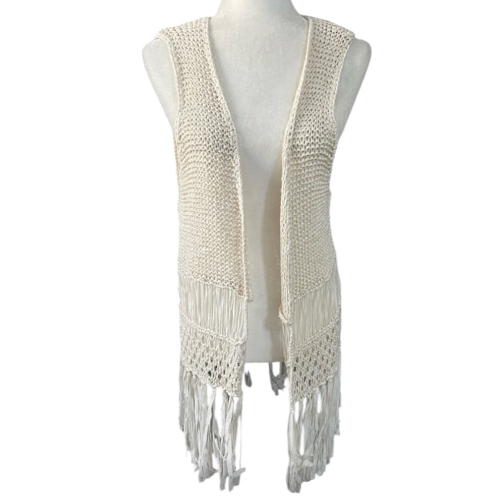 Painted Threads Western Boho Crème Dream Crovhet Knit  Open Front Vest W/Fringe